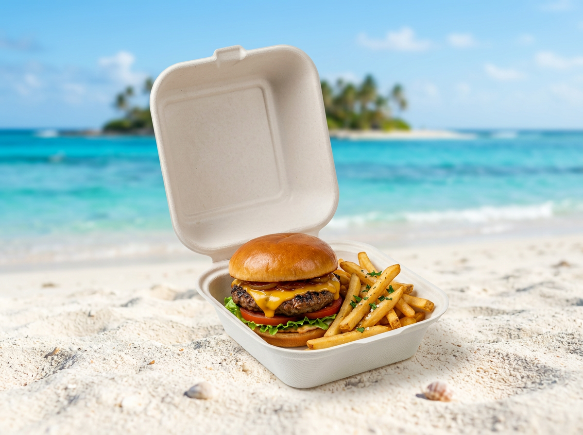 Bris clamshell with burger and fries on a Bahamian beach